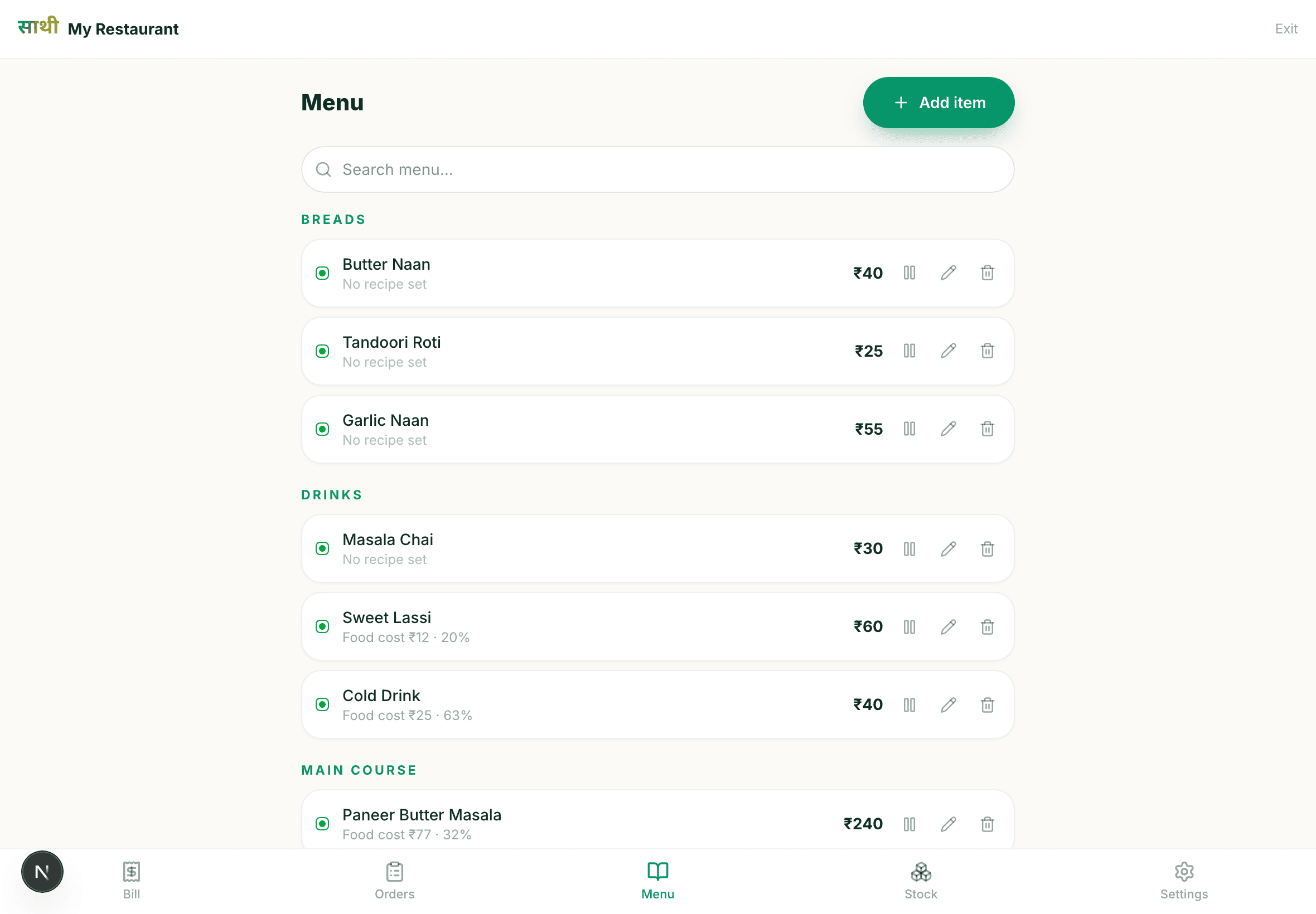 Menu with food cost